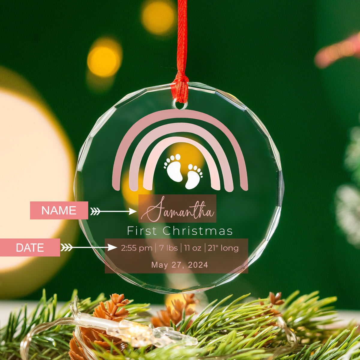 Personalized Rainbow Baby's First Christmas Glass Ornament, New Baby Gift - image 2