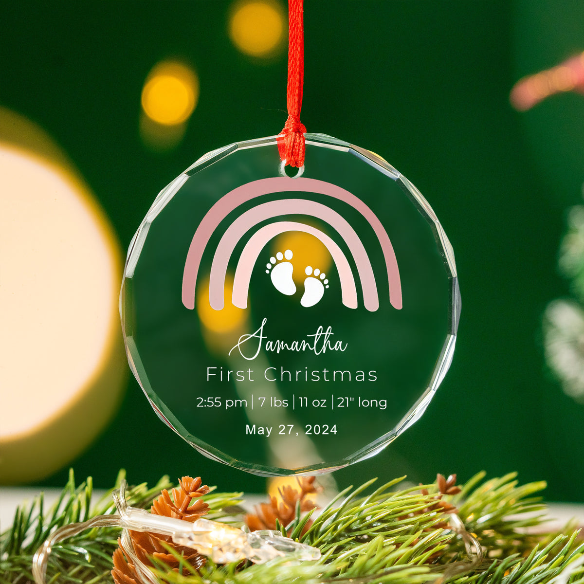 Personalized Rainbow Baby's First Christmas Glass Ornament, New Baby Gift