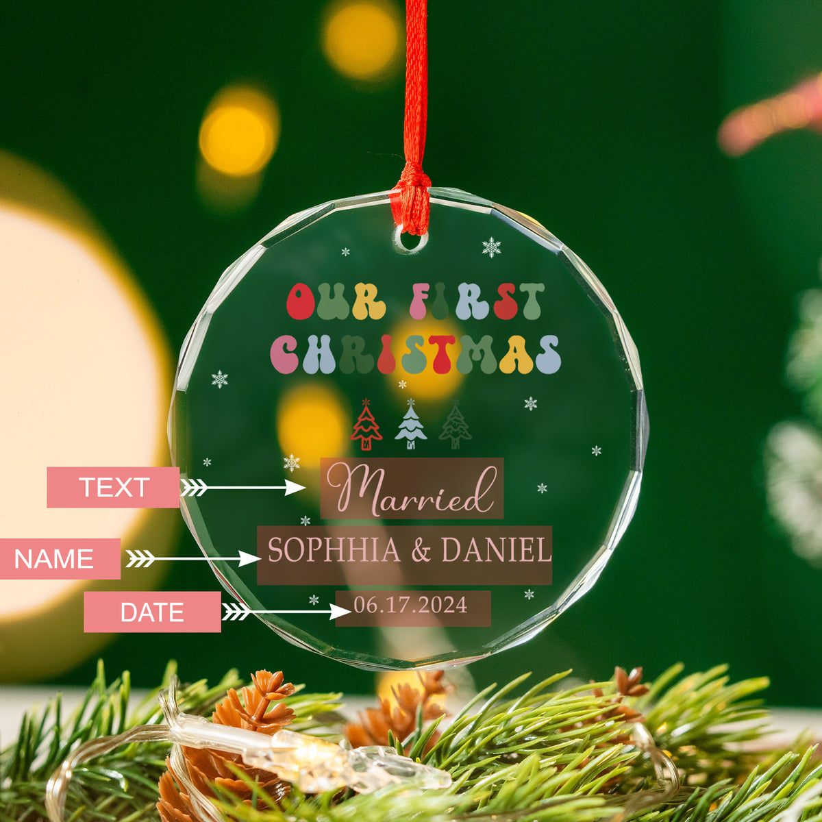 Personalized Groovy Font First Christmas as Married Glass Ornament, Newlywed Gift - image 2