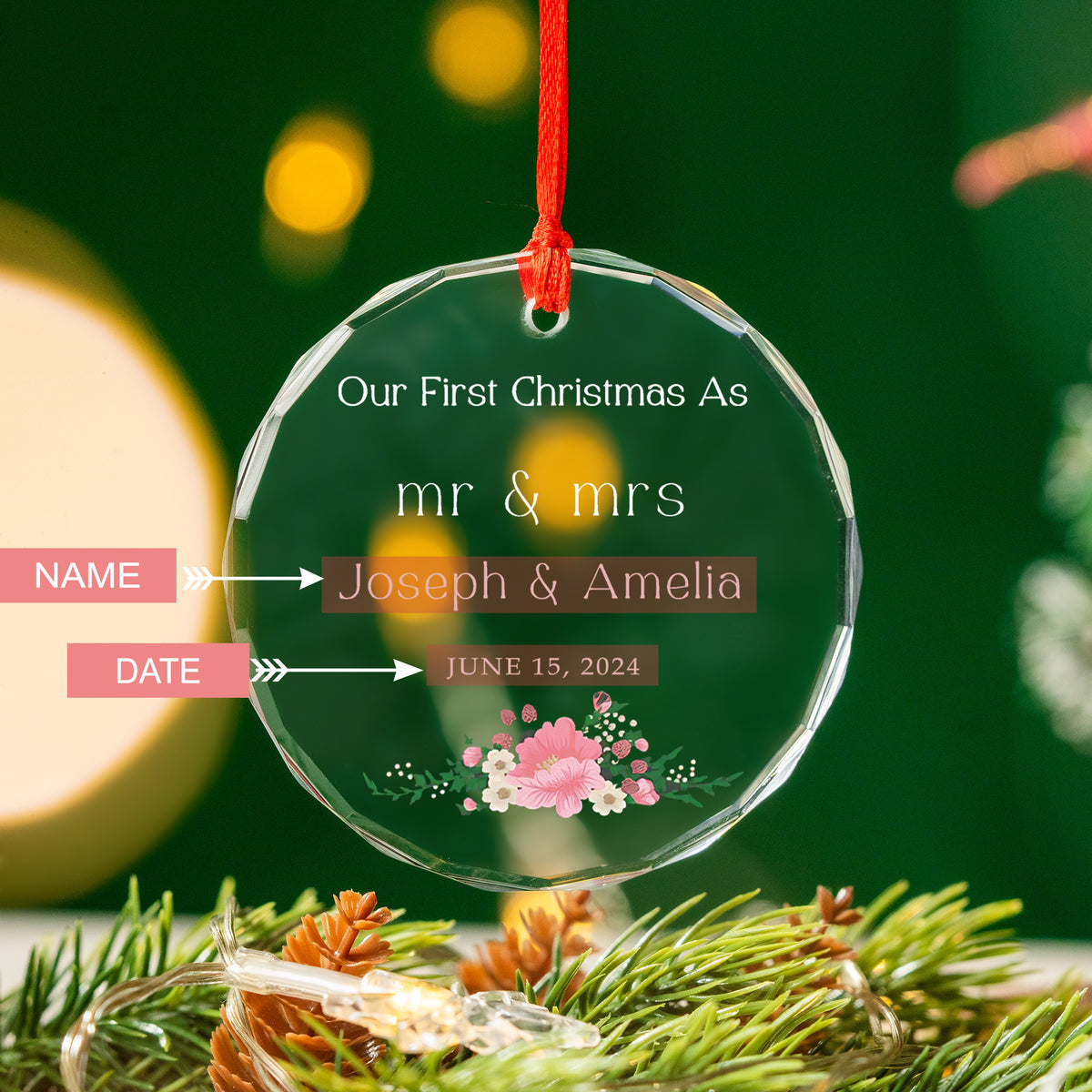 Personalized Mr and Mrs Name Glass Christmas Ornament, Wedding Gift for Couple - image 3