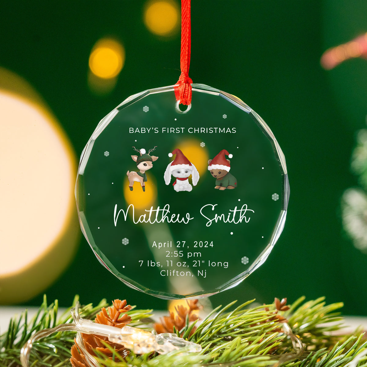 Personalized Baby Stats Glass Christmas Ornament, Baby Announcement Gift