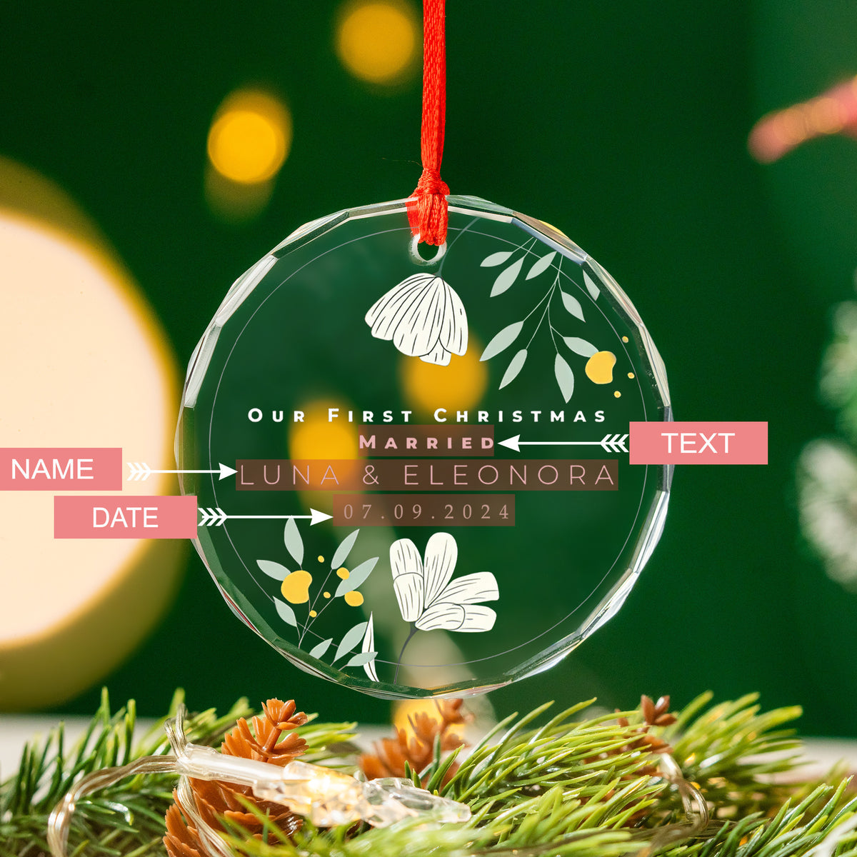 Personalized Floral Married Glass Christmas Ornament, Engagement or Wedding Gift - image 6