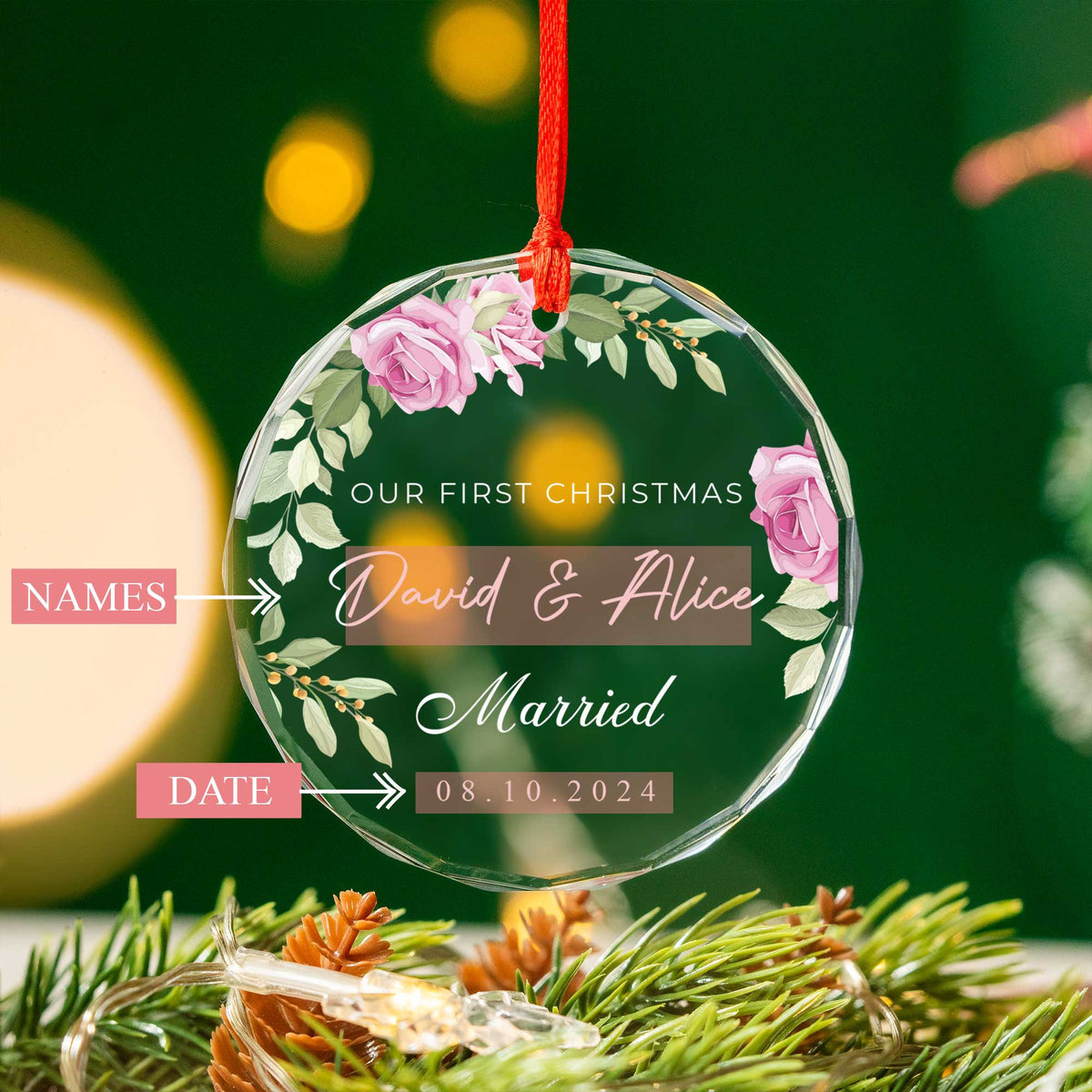 Personalized First Christmas as Married Glass Ornament, Couples Christmas Gift - image 5