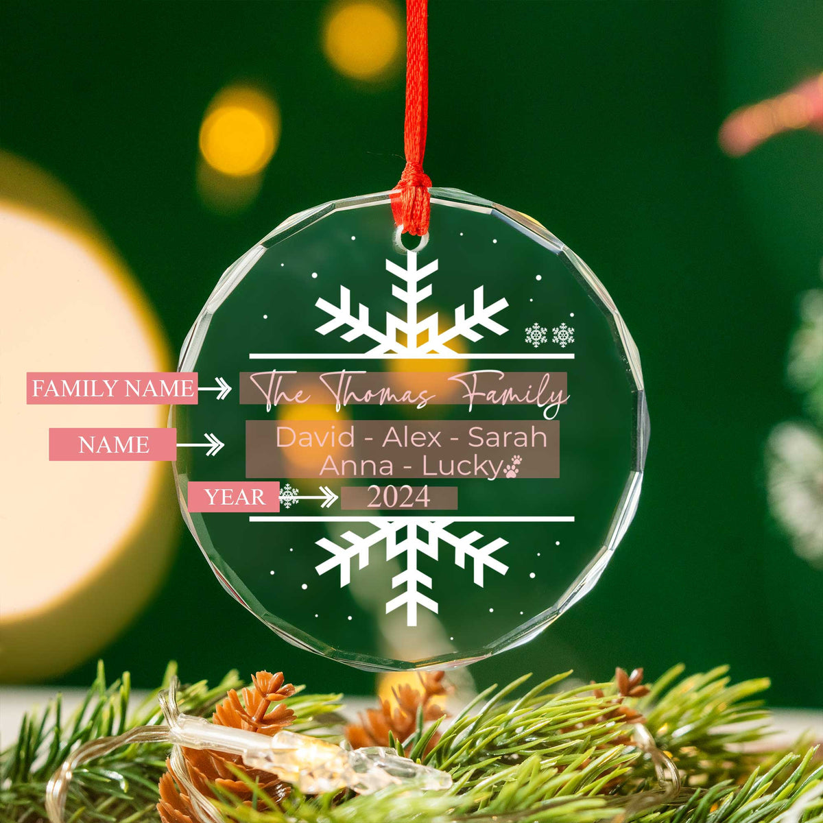 Personalized Snowflake Family Members Names Glass Christmas Ornament, Christmas Gift - image 3