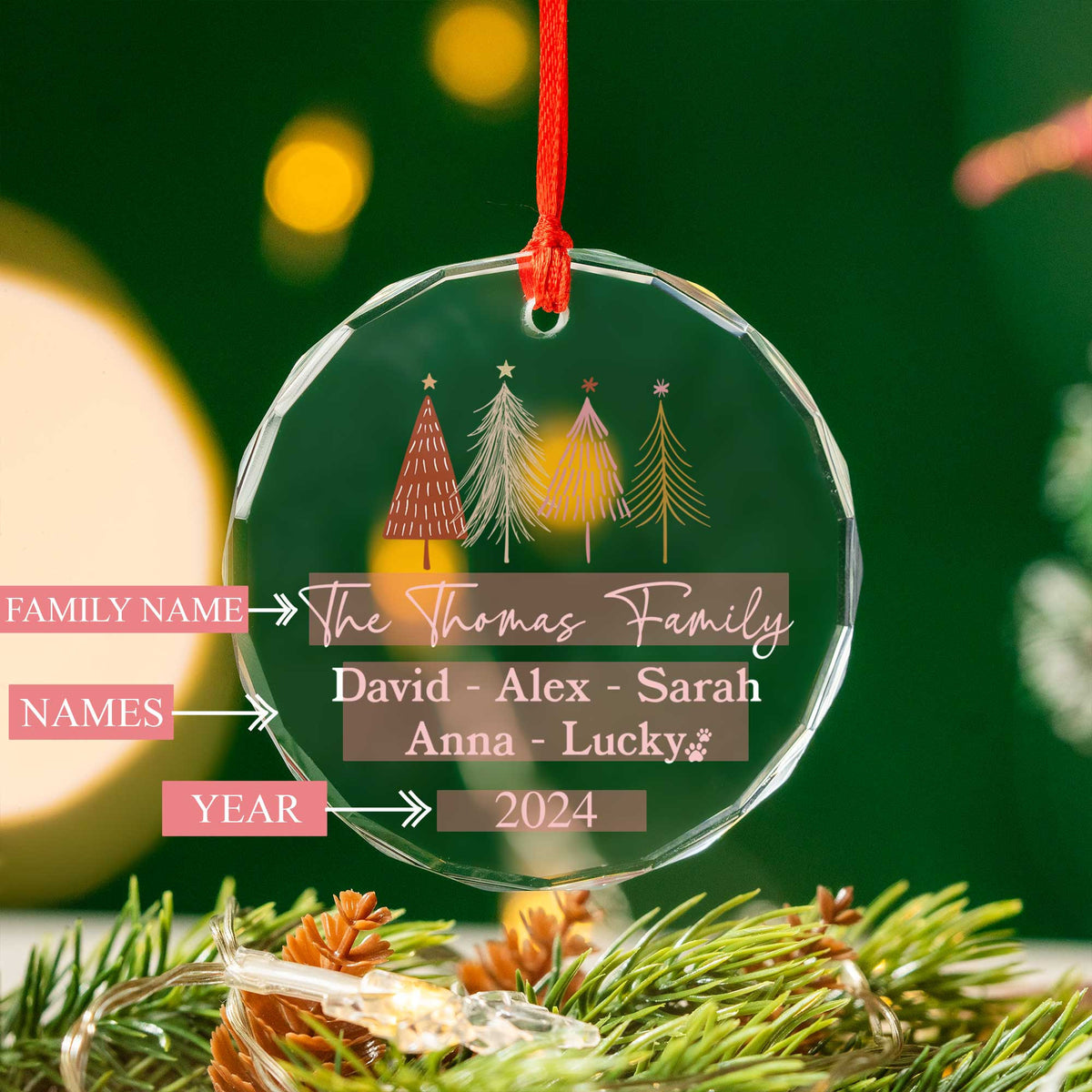 Personalized Family Names Glass Christmas Ornament with Pet Name, Christmas Family Gift - image 2