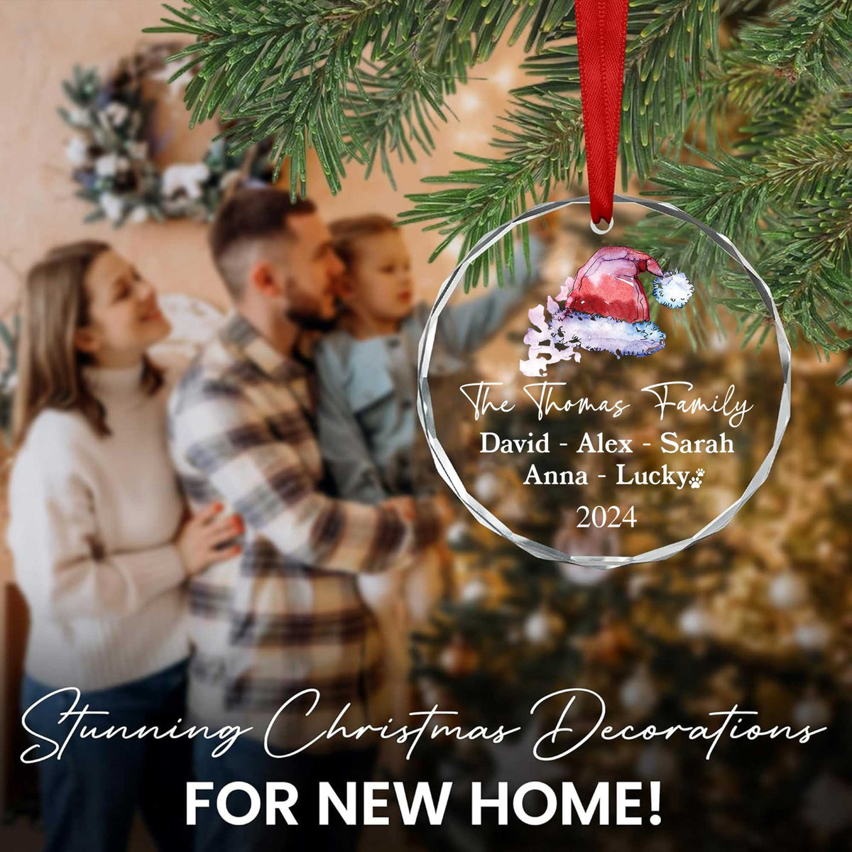 Personalized Santa Hat Family Glass Christmas Ornament with Pet Name 2026, Family Gift - image 2