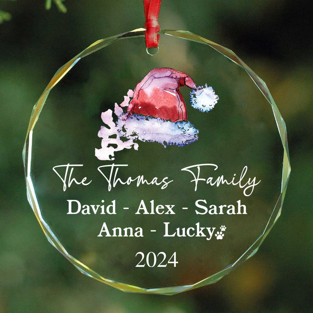 Personalized Santa Hat Family Glass Christmas Ornament with Pet Name 2026, Family Gift