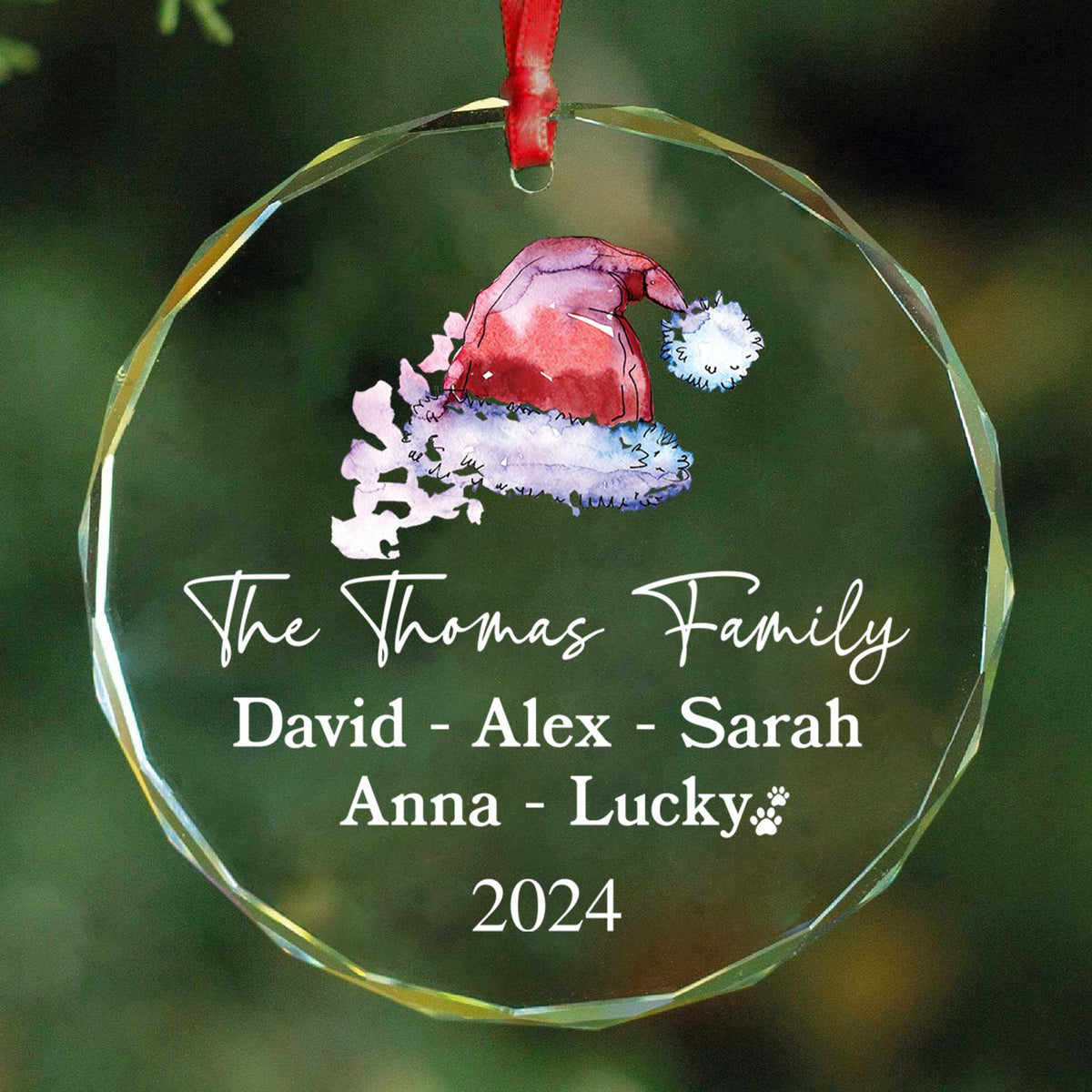 Personalized Santa Hat Family Glass Christmas Ornament with Pet Name 2026, Family Gift