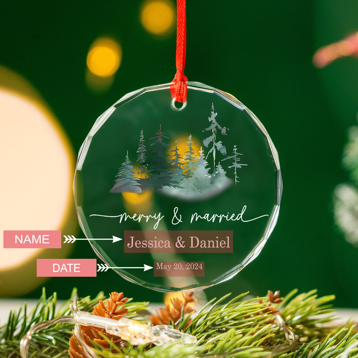 Personalized Merry and Married Glass Christmas Ornament, Newlywed Gift - image 4