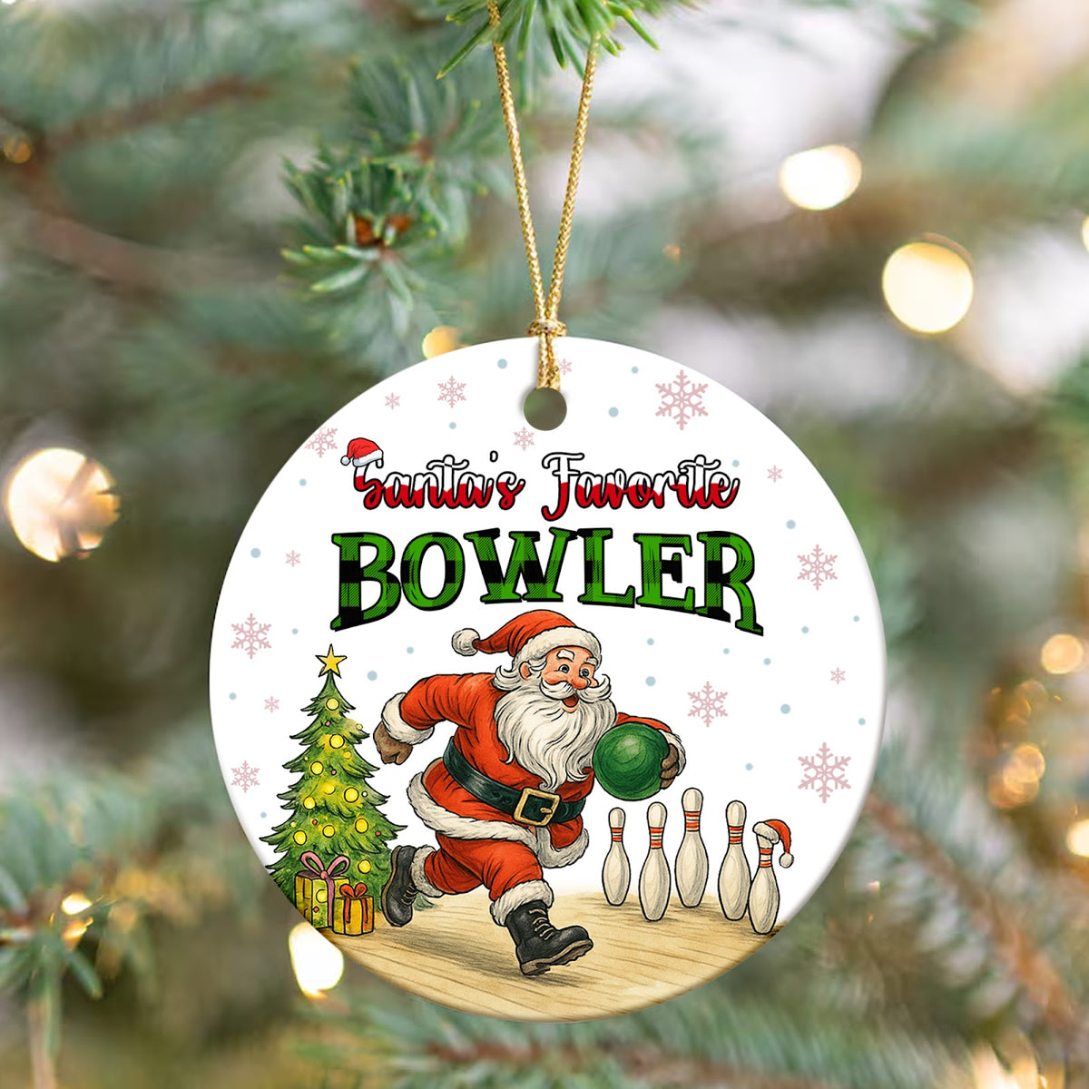 Bowling Christmas Ornament, Santas Favorite Bowler Gift, Ceramic Hanging Tree Decoration