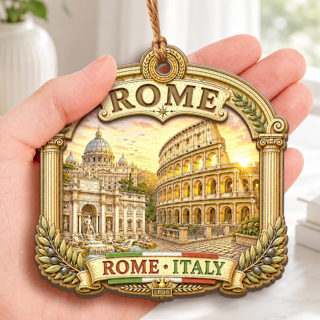 Rome Christmas Ornament, Italy Colosseum Travel Souvenir Gift, Wood Hanging Tree Decoration