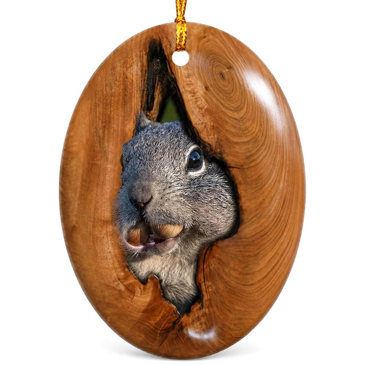Squirrel With an Acorn Peeking From a Polished Wood Hollow. Oval Ceramic Keepsake for Backyard Wildlife Fans.