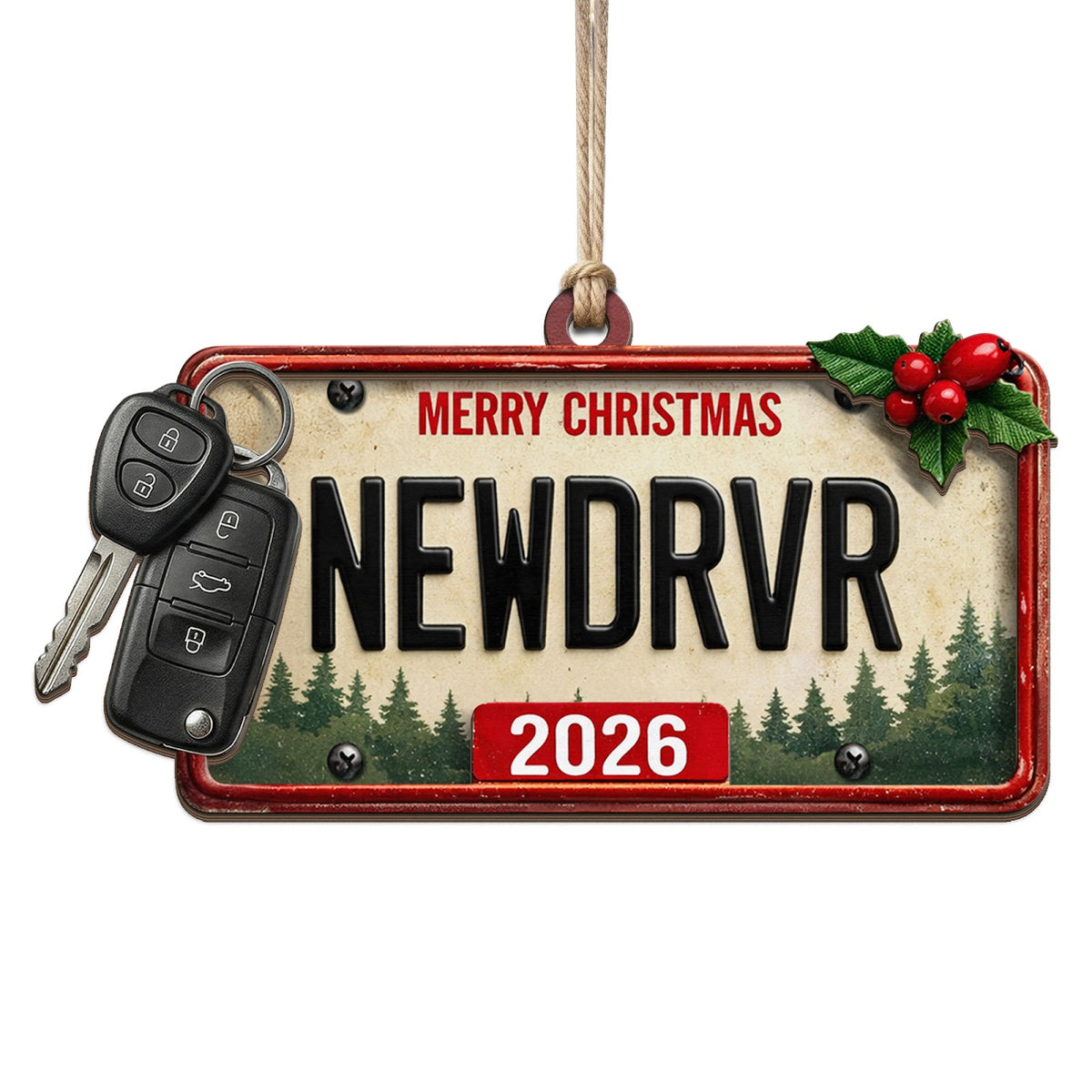 Shows a New Driver License Plate with a Key Fob and Merry Christmas Text. Gift for New Teen Drivers.