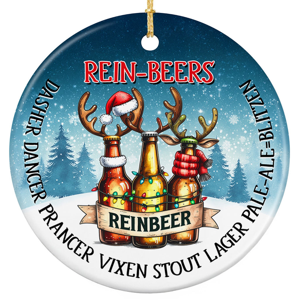 Three Beer Bottles Wearing Antlers, One in a Santa Hat, Wrapped in Lights. Ceramic Keepsake for Beer Fans.