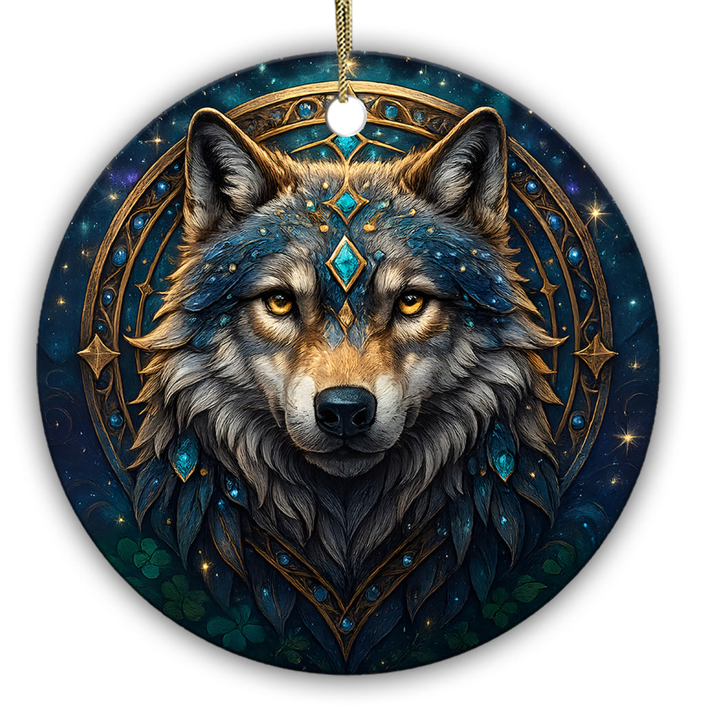 Amber-Eyed Wolf Framed in Gold Filigree and Turquoise Gems on a Starfield. Ceramic Keepsake for Wolf Fans.