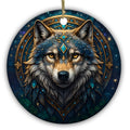 Amber-Eyed Wolf Framed in Gold Filigree and Turquoise Gems on a Starfield. Ceramic Keepsake for Wolf Fans.