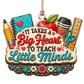 Shows a Pencil, Notebook, and Apple with It Takes a Big Heart to Teach Little Minds Text. Gift for Teachers and Educator