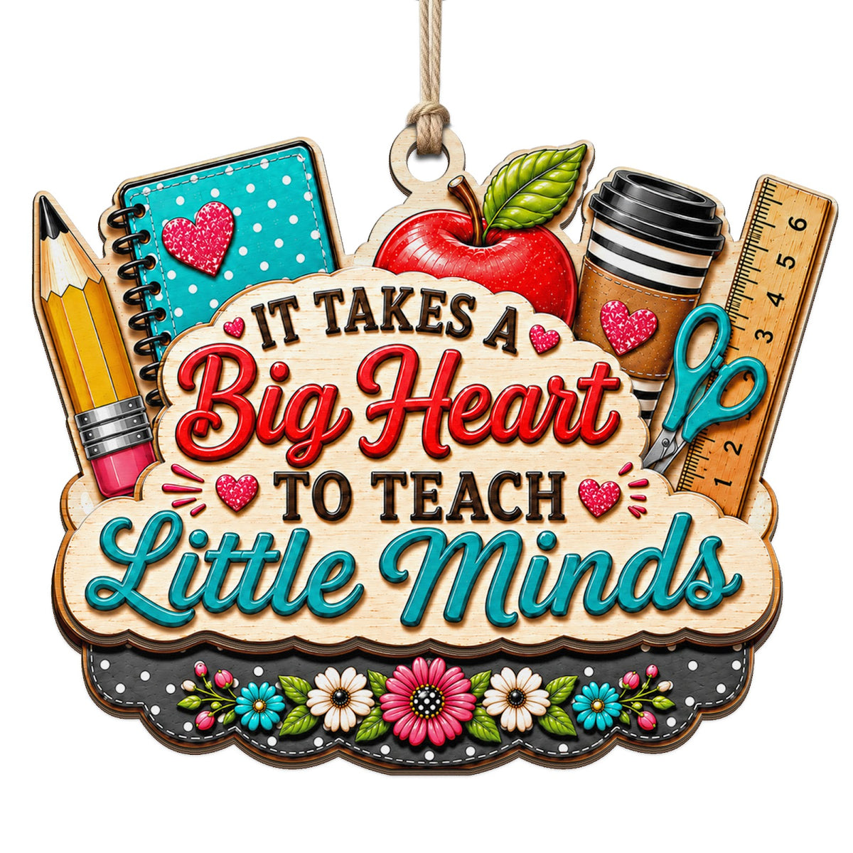 Shows a Pencil, Notebook, and Apple with It Takes a Big Heart to Teach Little Minds Text. Gift for Teachers and Educator