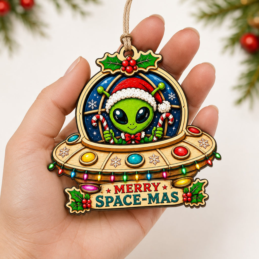 UFO Alien Abduction Space Funny Christmas Ornament, Space Alien Keepsake, Wood Tree Decoration