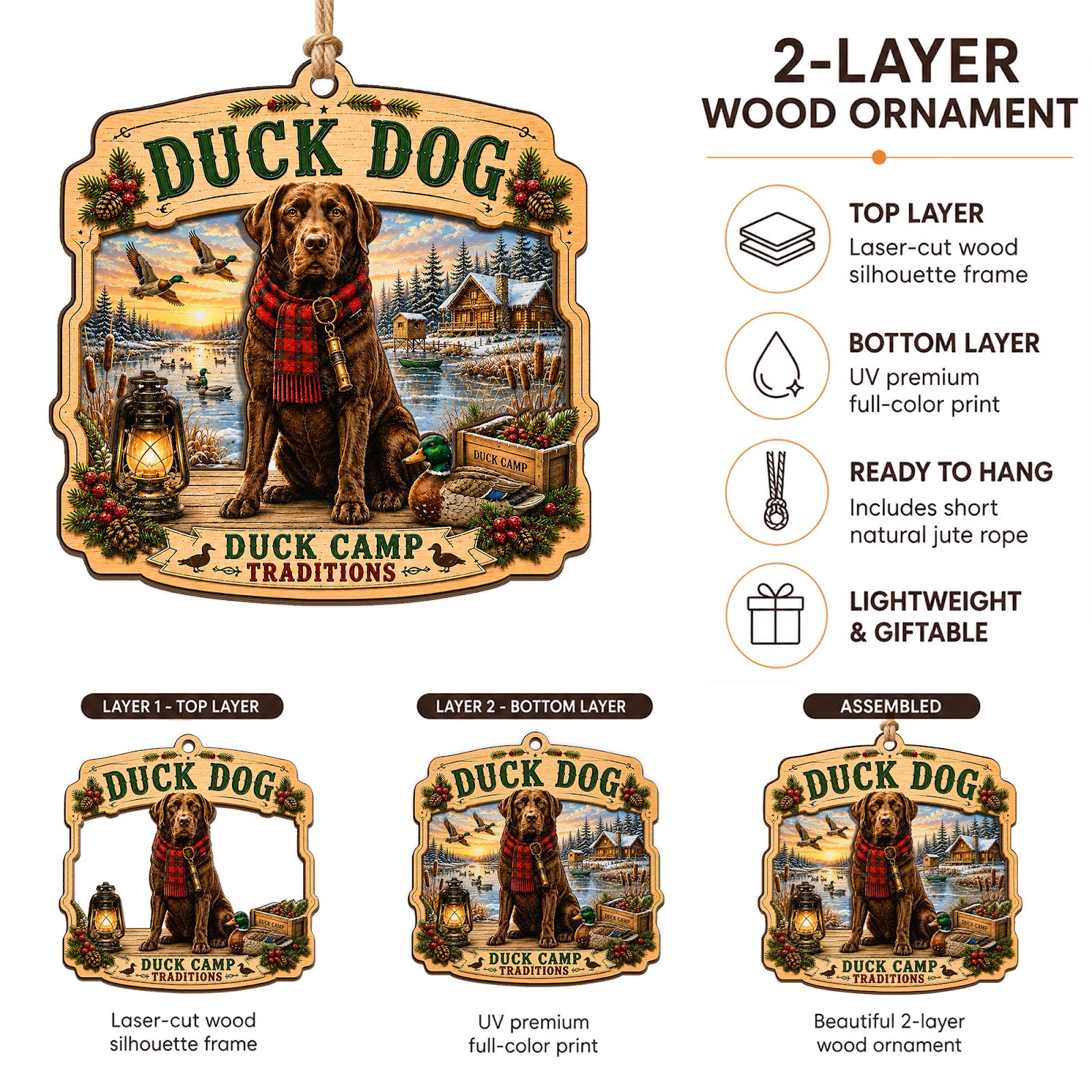 Duck Dog Hunting Retriever Lab Christmas Ornament, Lab Retriever Keepsake, Wood Tree Decoration