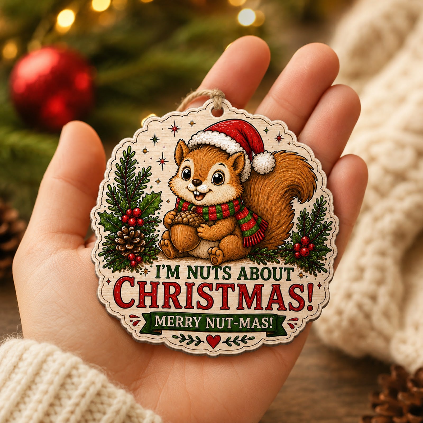 Squirrel Christmas Ornament, Stocking Stuffer For Funny Animal Fan, Wood Tree Decoration