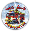 Red Fire Truck With a Lit Tree, String Lights and a Wreath Driving Through Snow. Ceramic Keepsake.