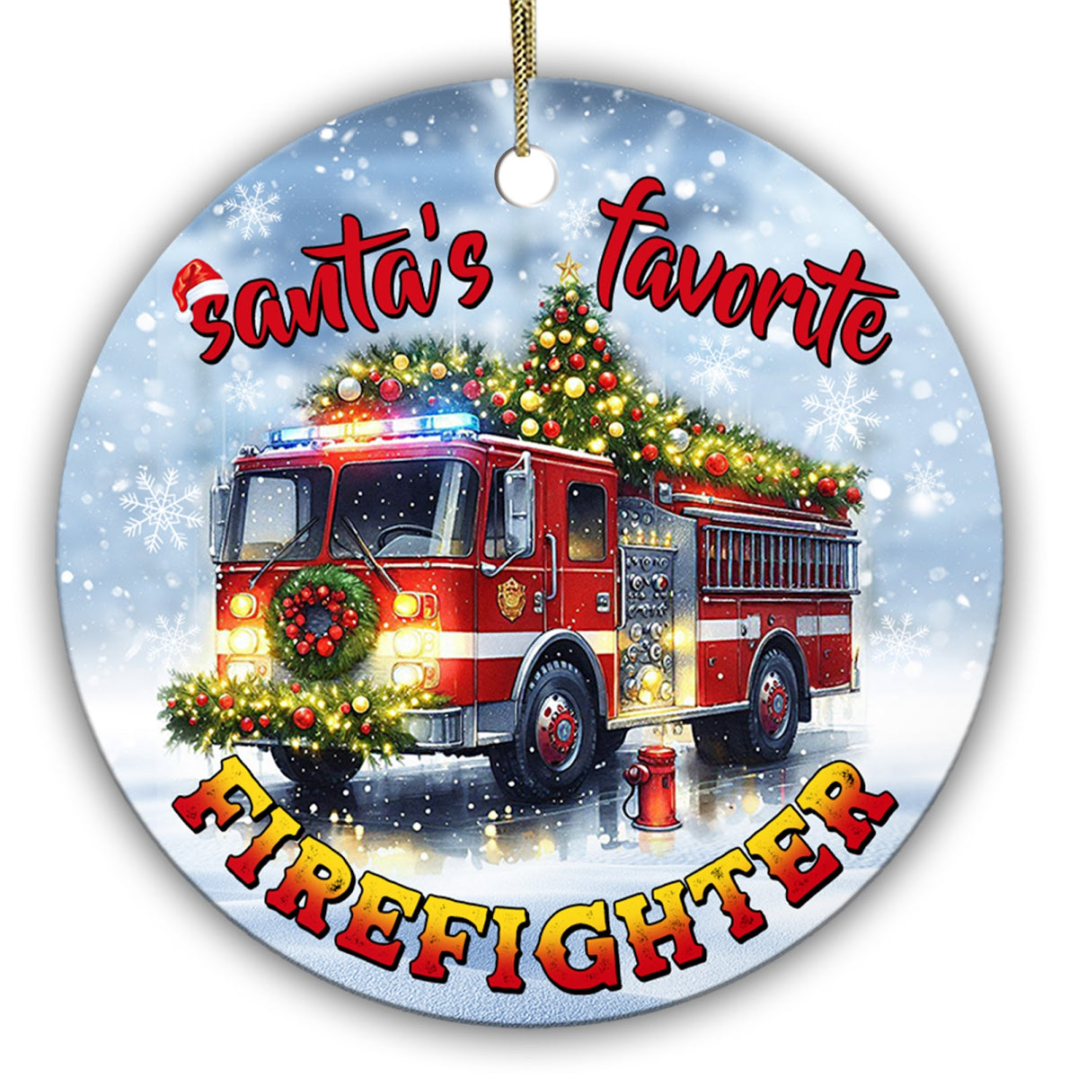 Red Fire Truck With a Lit Tree, String Lights and a Wreath Driving Through Snow. Ceramic Keepsake.