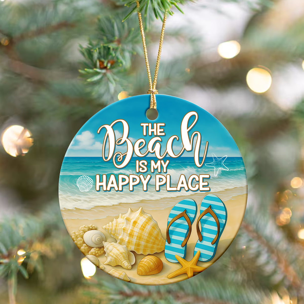 Beach Christmas Ornament, The Beach Is My Happy Place Gift, Ceramic Hanging Tree Decoration