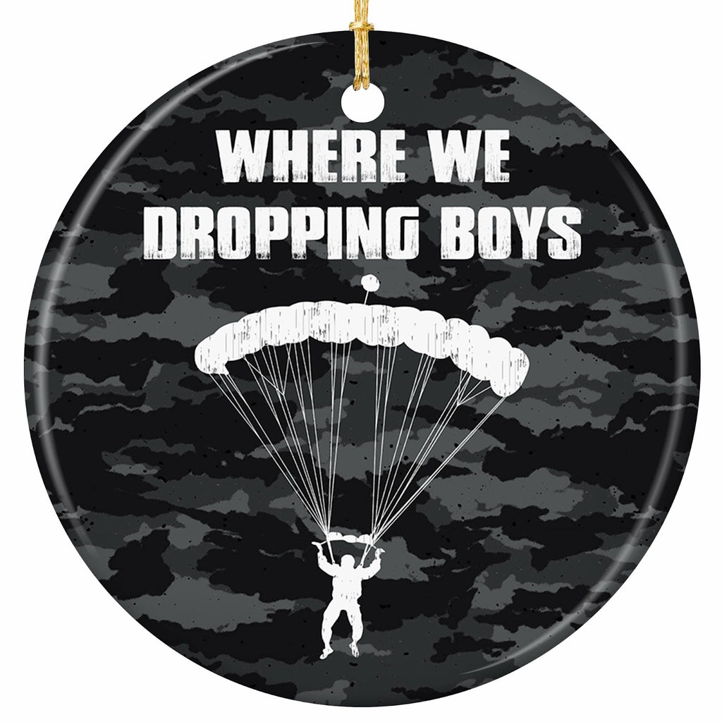 White Skydiver Silhouette Under an Open Parachute on Dark Camouflage. Ceramic Keepsake for Teen Gamers.