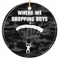 White Skydiver Silhouette Under an Open Parachute on Dark Camouflage. Ceramic Keepsake for Teen Gamers.