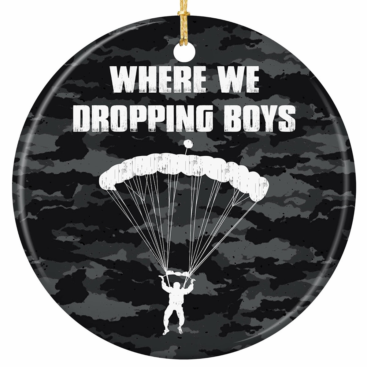White Skydiver Silhouette Under an Open Parachute on Dark Camouflage. Ceramic Keepsake for Teen Gamers.