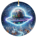 Grey Alien and Bigfoot Flying a Neon Saucer Over a Snowy Village. Ceramic Keepsake for Cryptid and Sci-Fi Fans.