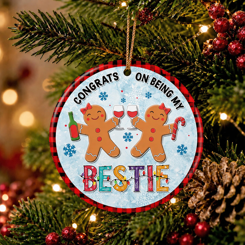 Bestie Christmas Ornament, Gingerbread Cheers Plaid Gift, Ceramic Hanging Tree Decoration