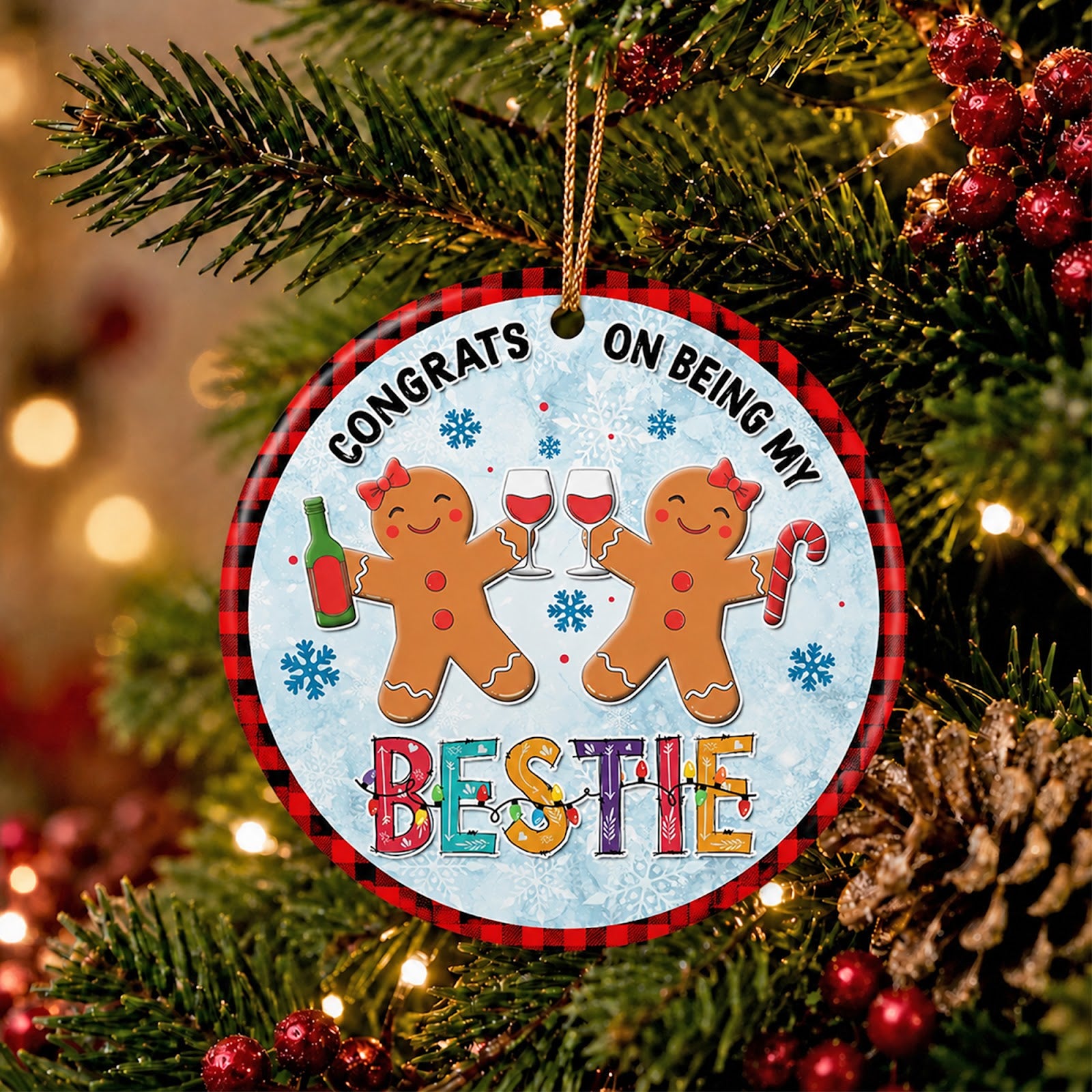 Bestie Christmas Ornament, Gingerbread Cheers Plaid Gift, Ceramic Hanging Tree Decoration