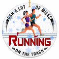 Two Runners Side by Side in Headphones and Armbands Over Three Track Lanes. Ceramic Keepsake for Runners.