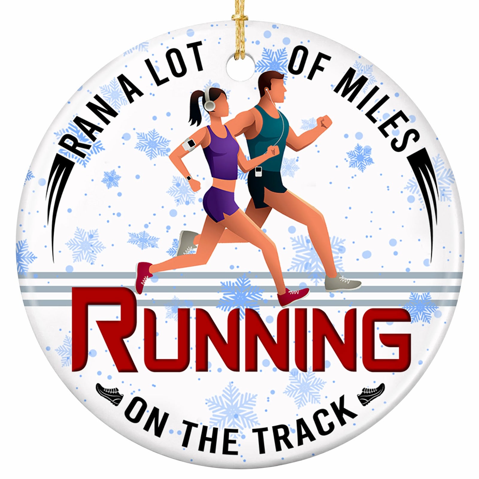 Two Runners Side by Side in Headphones and Armbands Over Three Track Lanes. Ceramic Keepsake for Runners.