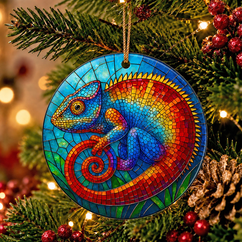 Chameleon Christmas Ornament, Stained Glass Reptile Gift, Ceramic Hanging Tree Decoration