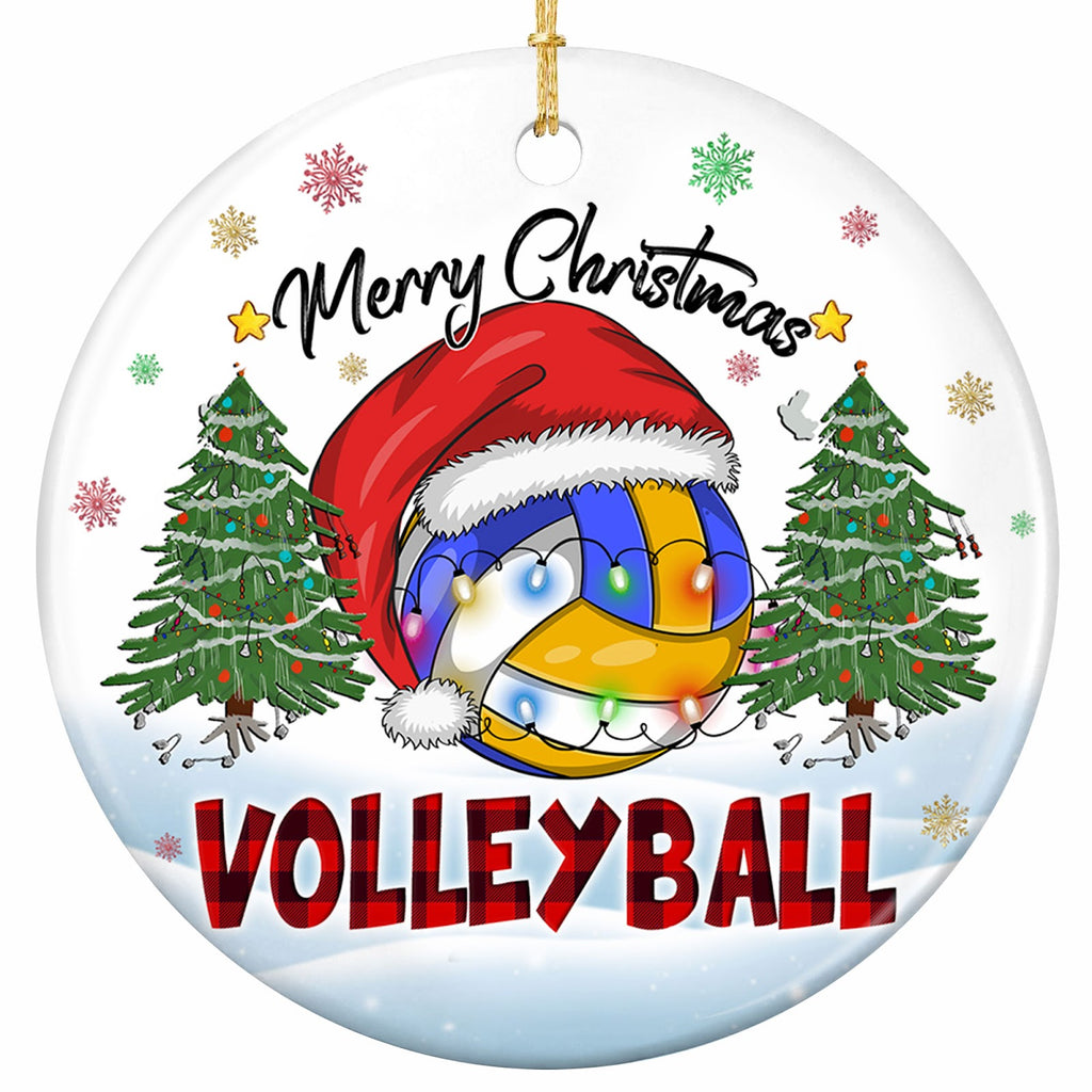 A Panelled Volleyball in a Santa Hat Wrapped in Bulb Lights Between Two Evergreens. Ceramic Keepsake.