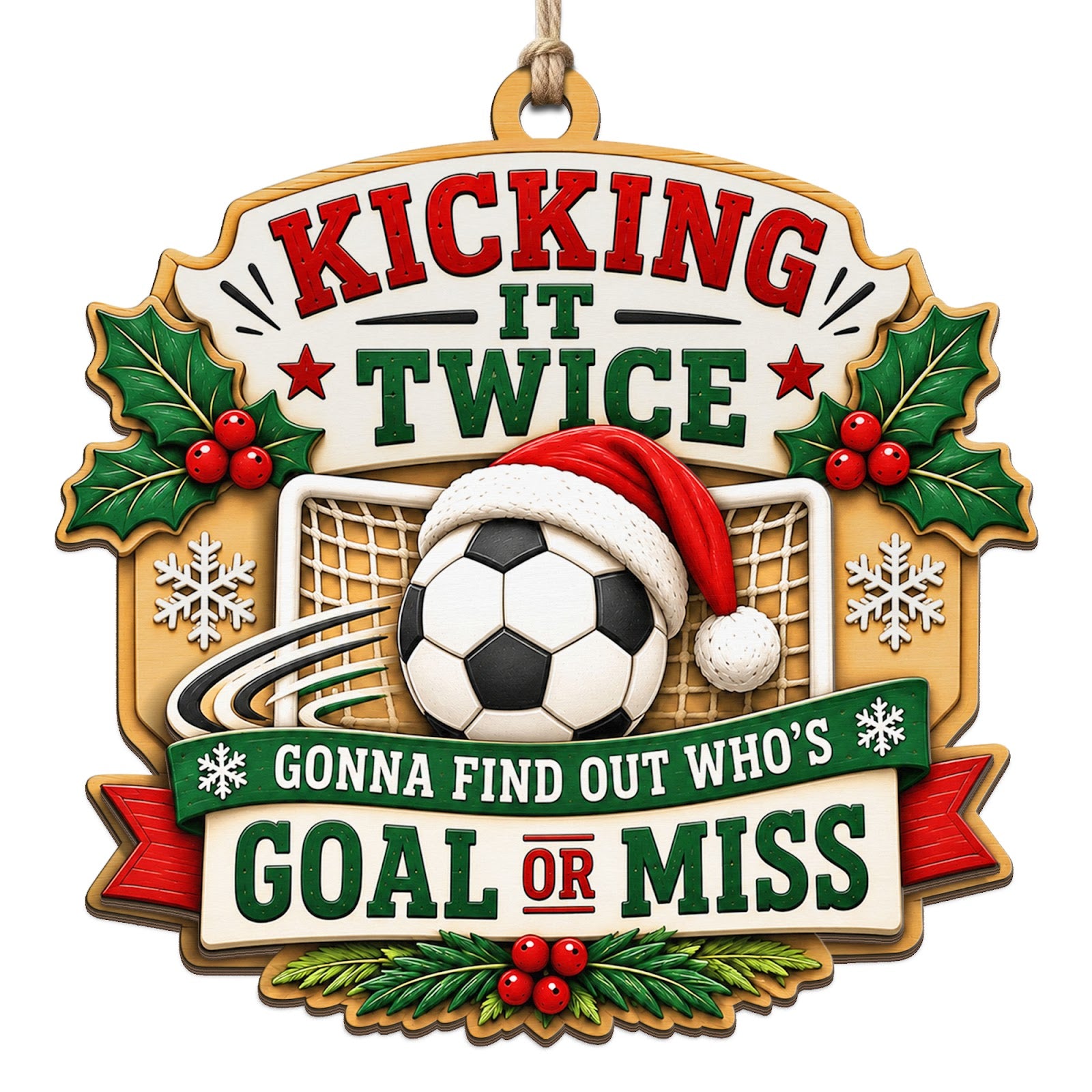 Santa Hatted Ball Flies Toward A Netted Goal Framed By Holly And Snowflakes. Great Gift For Soccer Players Coaches And F