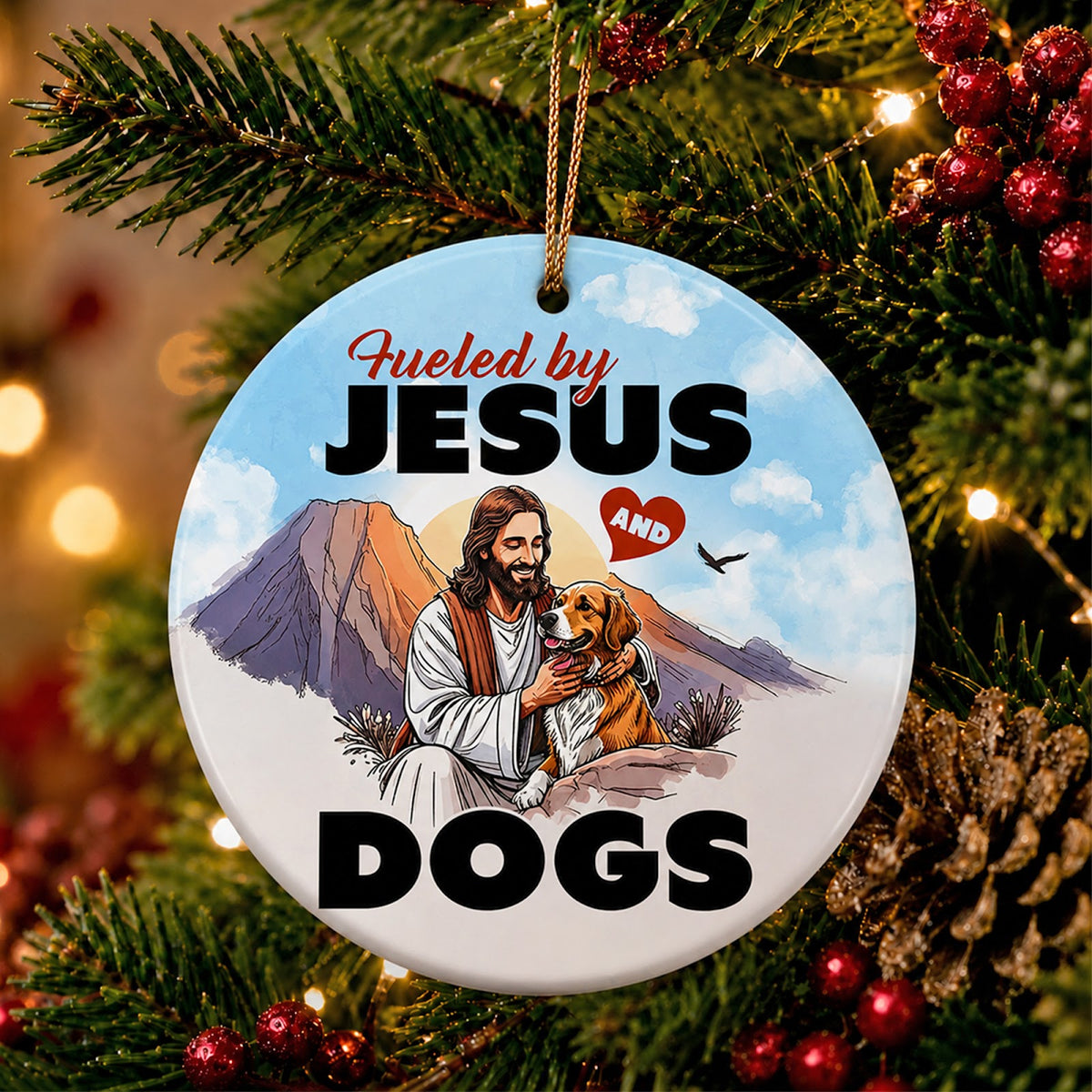 Dog Christmas Ornament, Christian Golden Retriever Faith Gift, Ceramic Hanging Tree Decoration