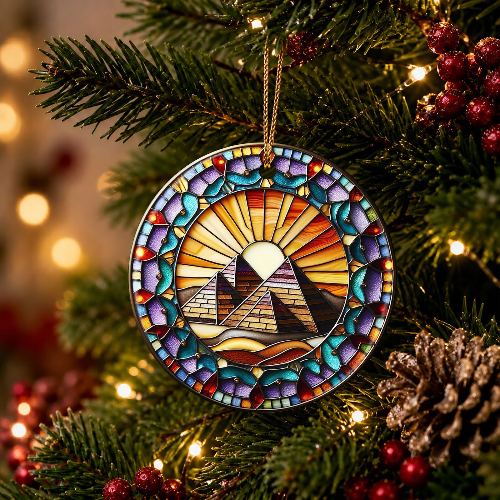 Egypt Christmas Ornament, Pyramids Stained Glass Travel, Ceramic Hanging Tree Decoration