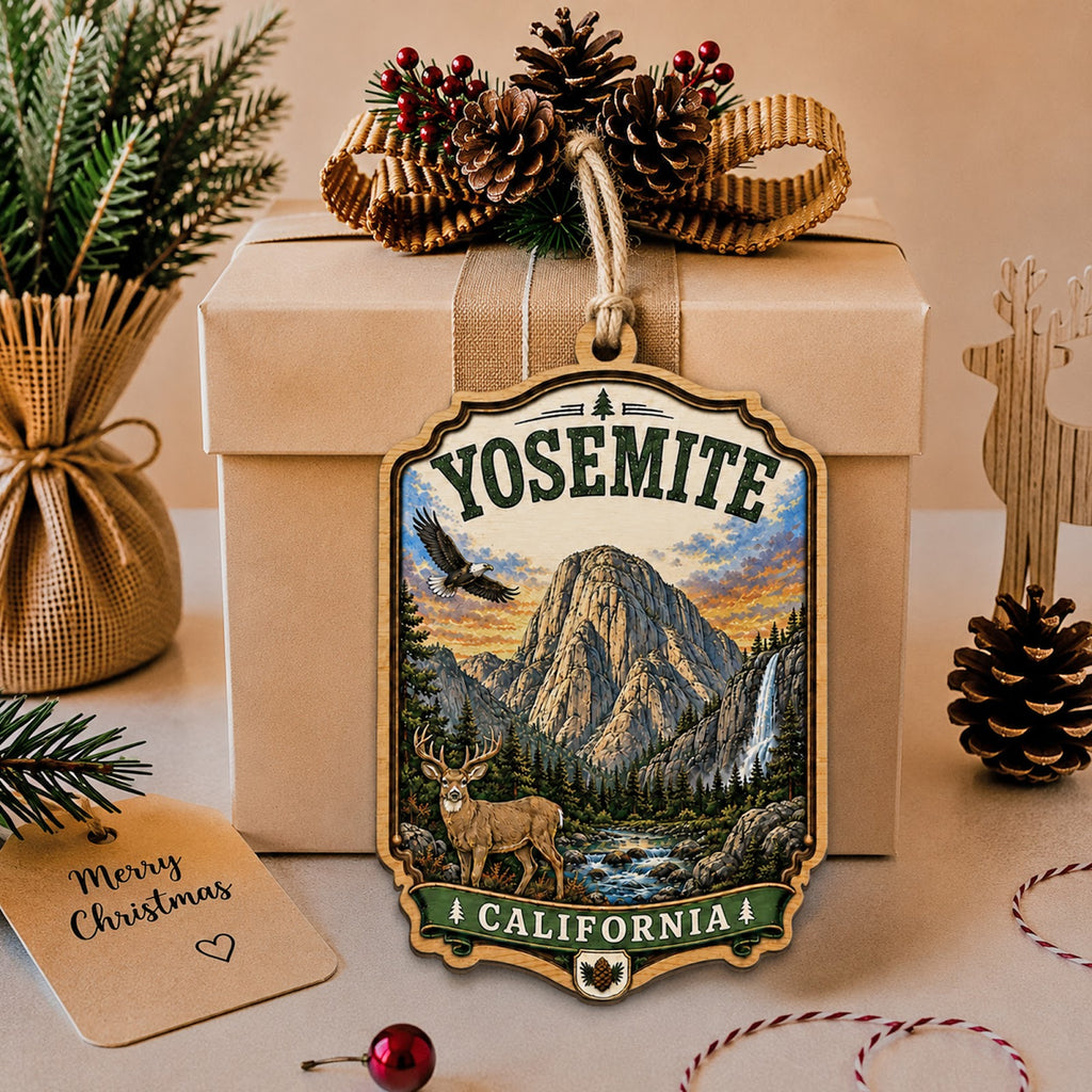 Yosemite National Park Christmas Ornament, California Waterfall Hiker Gift, Wood Ornament