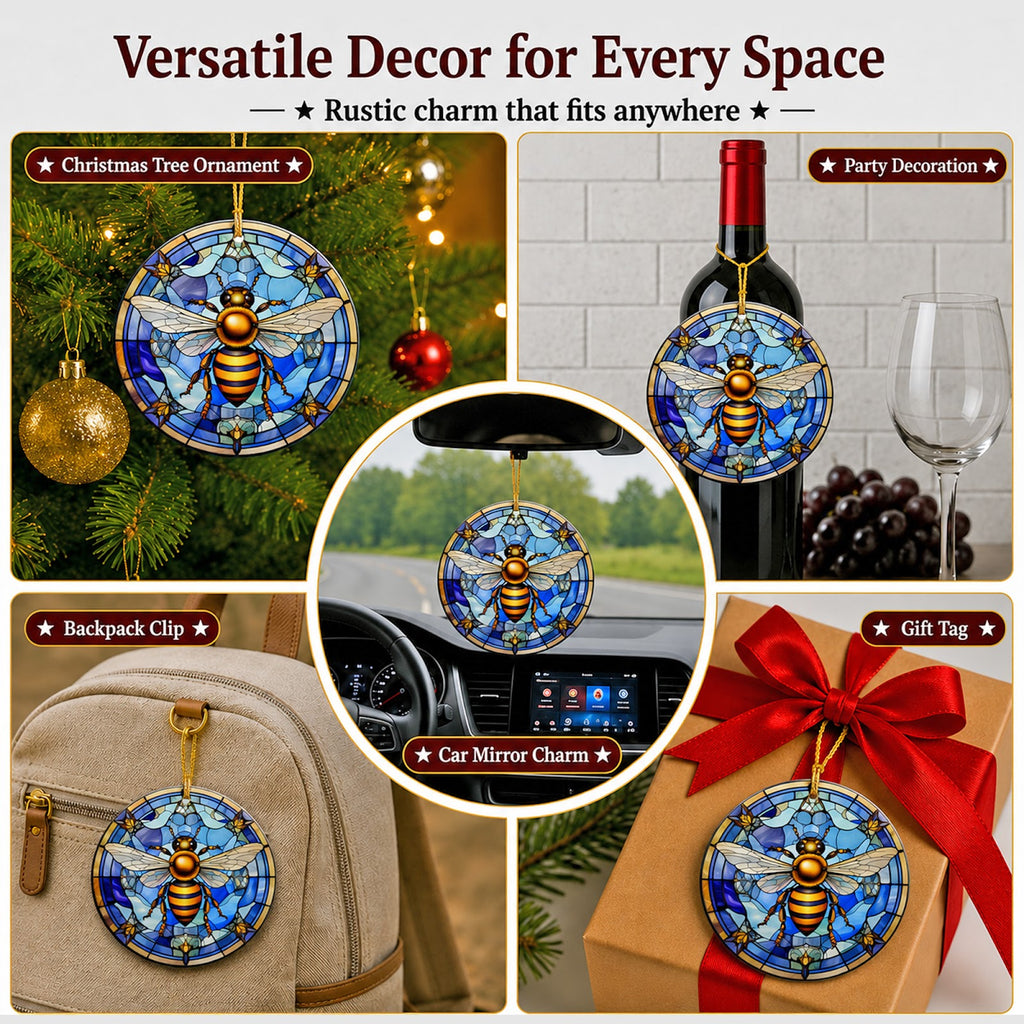 Bee Christmas Ornament, Stained Glass Honeybee Keeper Gift, Ceramic Hanging Tree Decoration