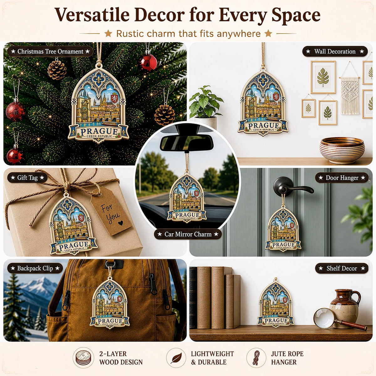 Prague Christmas Ornament, Czech Charles Bridge Souvenir Gift, Wood Hanging Tree Decoration