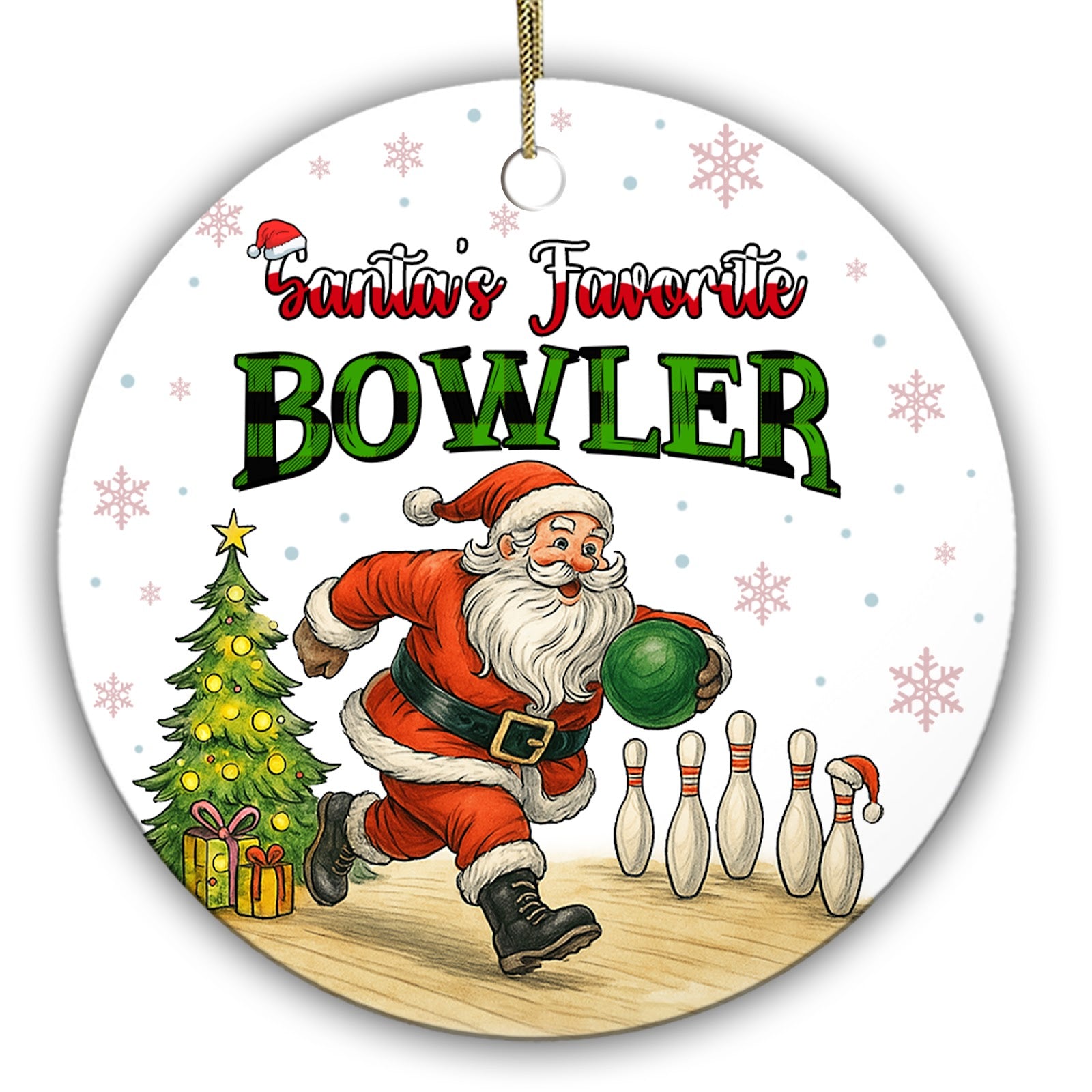 Santa Rolling a Green Ball Toward Pins, One in a Tiny Santa Hat. Ceramic Keepsake for League Bowlers.