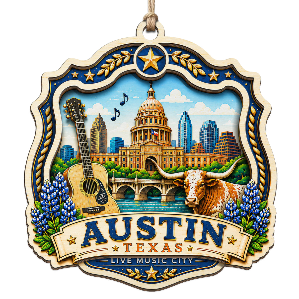 Texas State Capitol With a Sixth Street Guitar and Lone Star. Wood Keepsake for Live Music Travelers.