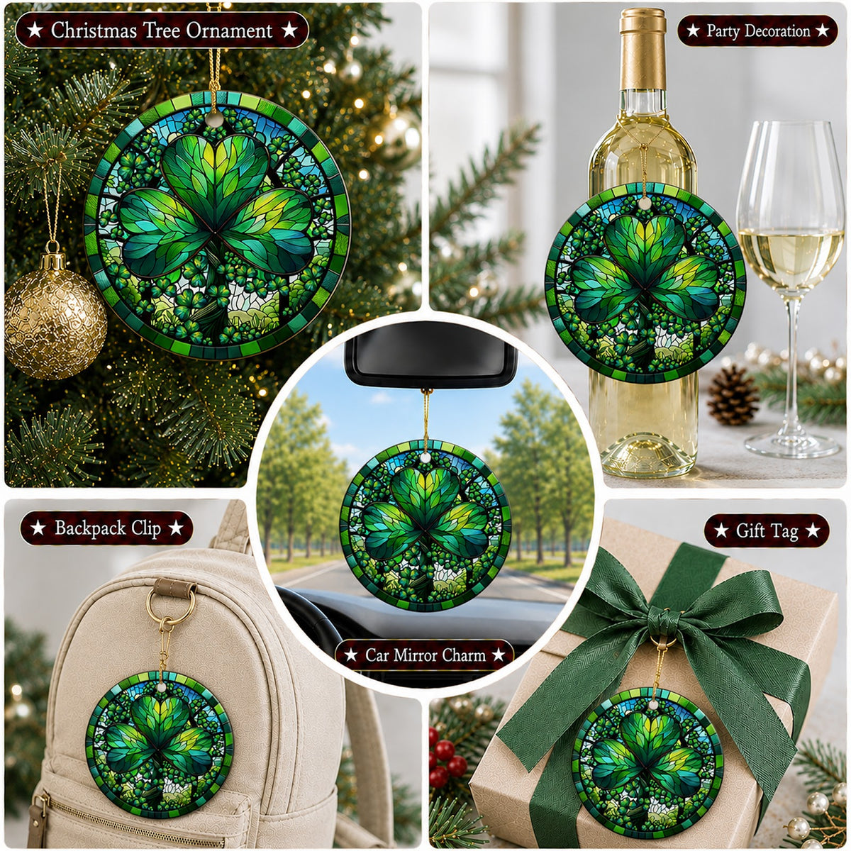 Shamrock Christmas Ornament, Stained Glass Irish Luck Gift, Ceramic Hanging Tree Decoration