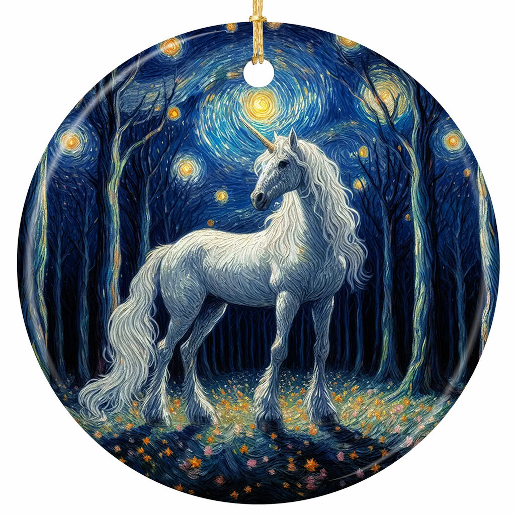 White Unicorn in a Swirling Impasto Night Forest Lit by Glowing Spiral Stars. Ceramic Keepsake for Unicorn Fans.