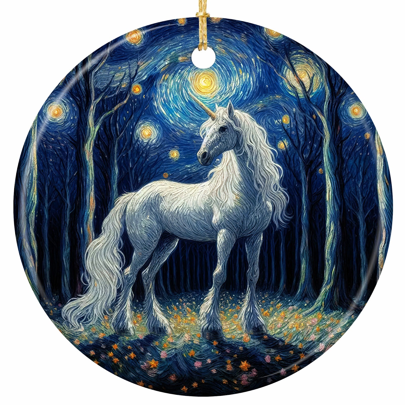 White Unicorn in a Swirling Impasto Night Forest Lit by Glowing Spiral Stars. Ceramic Keepsake for Unicorn Fans.