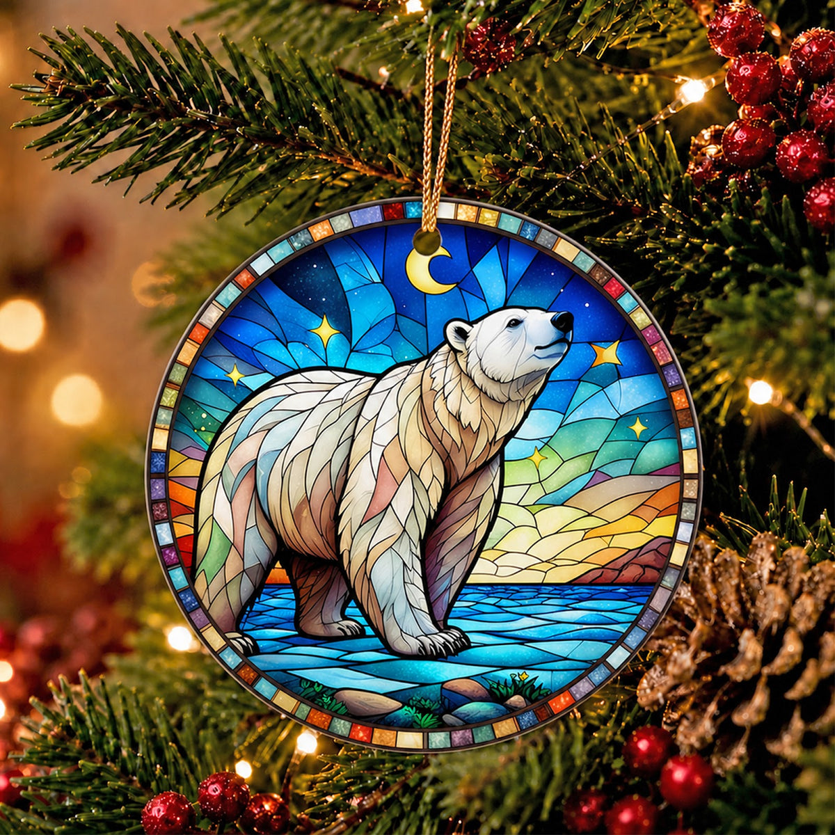 Polar Bear Christmas Ornament, Stained Glass Arctic Gift, Ceramic Hanging Tree Decoration
